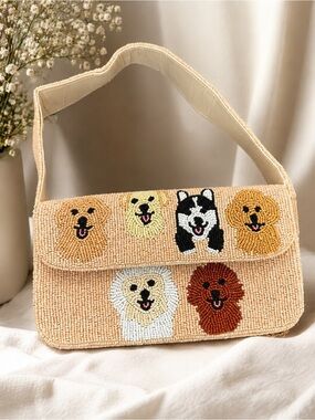 Beaded Beige Dog Face Shoulder Bag - Pet Lover Handbag